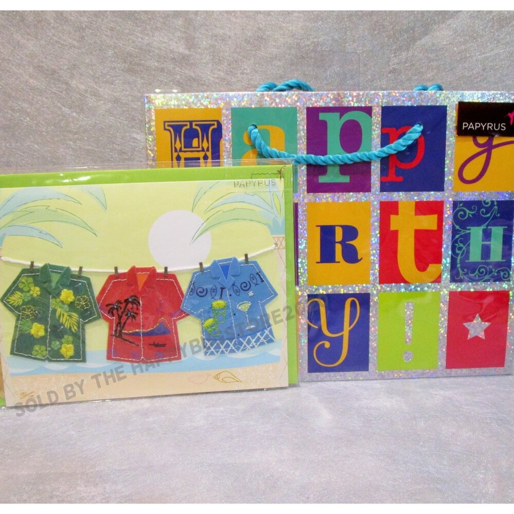 Papyrus HAPPY BIRTHDAY GREETING CARD-GIFT BAG FOR HIM-Hawaiian shirts- HANDMADE